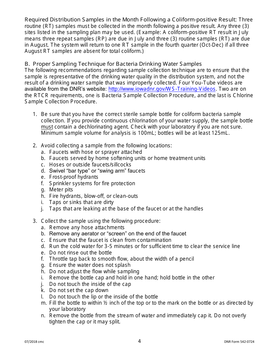 DNR Form 542-0724 Public Water Supply Bacteria Sampling Plan Requirements for Groundwater Systems Collecting One Quarterly Sample - Iowa, Page 4