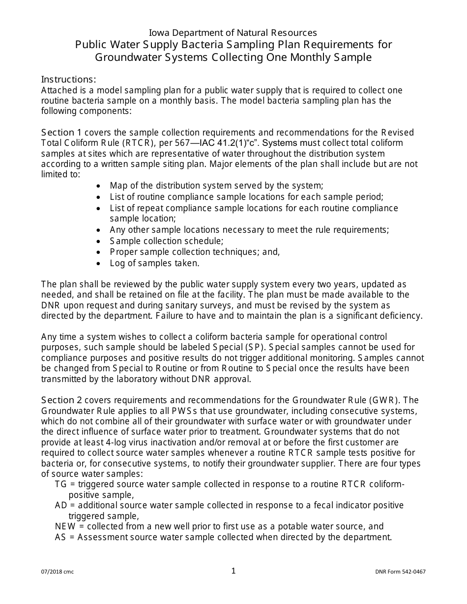 DNR Form 542-0467 Public Water Supply Bacteria Sampling Plan Requirements for Groundwater Systems Collecting One Monthly Sample - Iowa, Page 1