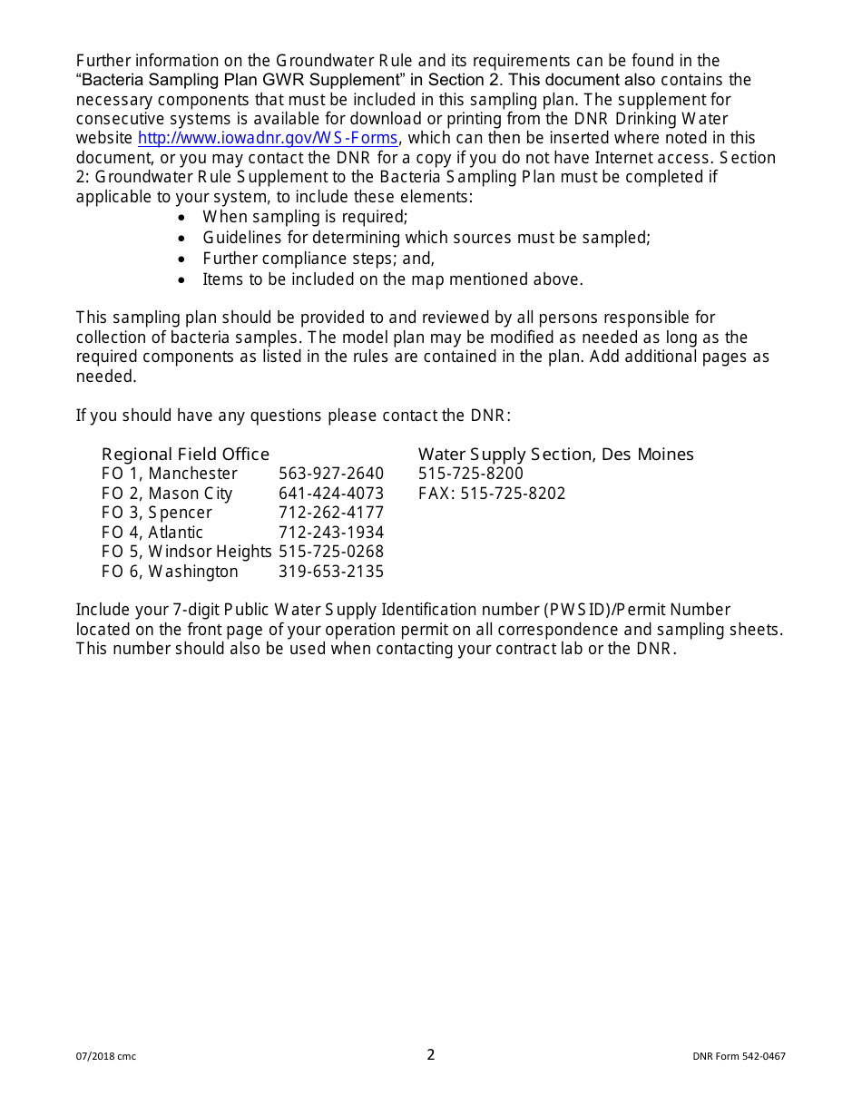 DNR Form 542-0467 Public Water Supply Bacteria Sampling Plan Requirements for Groundwater Systems Collecting One Monthly Sample - Iowa, Page 2