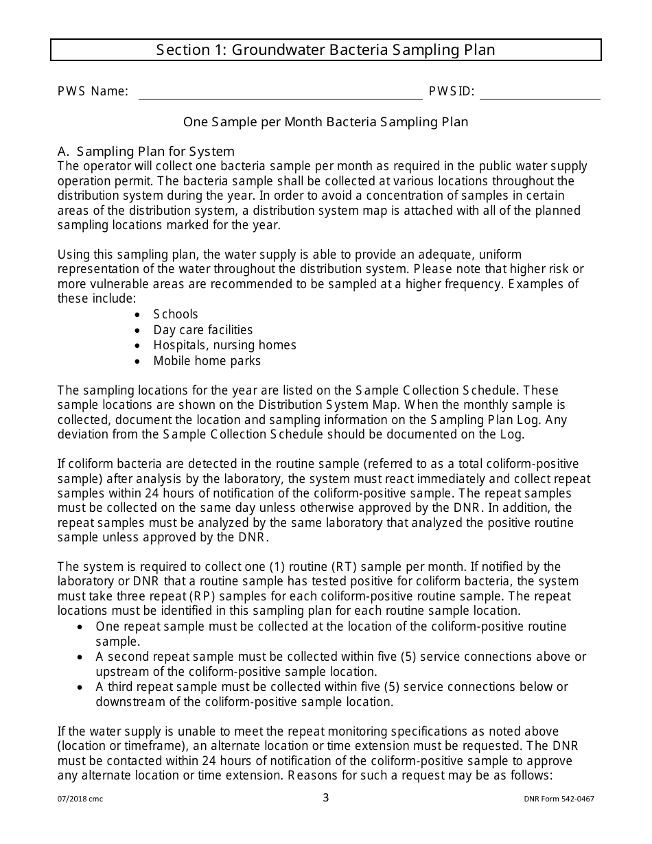DNR Form 542-0467 Public Water Supply Bacteria Sampling Plan Requirements for Groundwater Systems Collecting One Monthly Sample - Iowa, Page 3