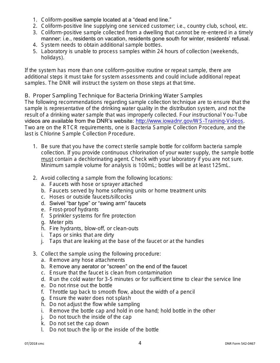 DNR Form 542-0467 Public Water Supply Bacteria Sampling Plan Requirements for Groundwater Systems Collecting One Monthly Sample - Iowa, Page 4