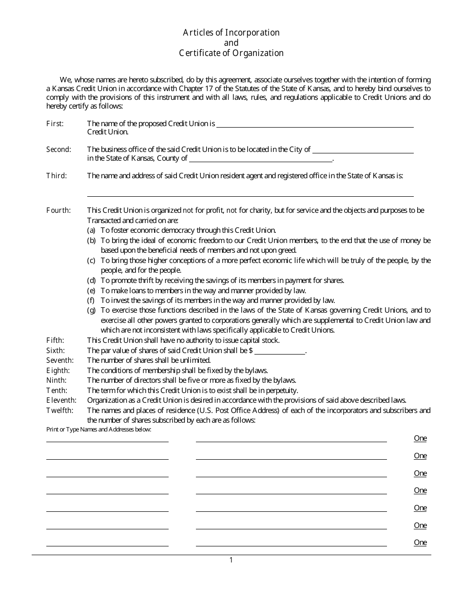 Articles of Incorporation and Certificate of Organization - Kansas, Page 1