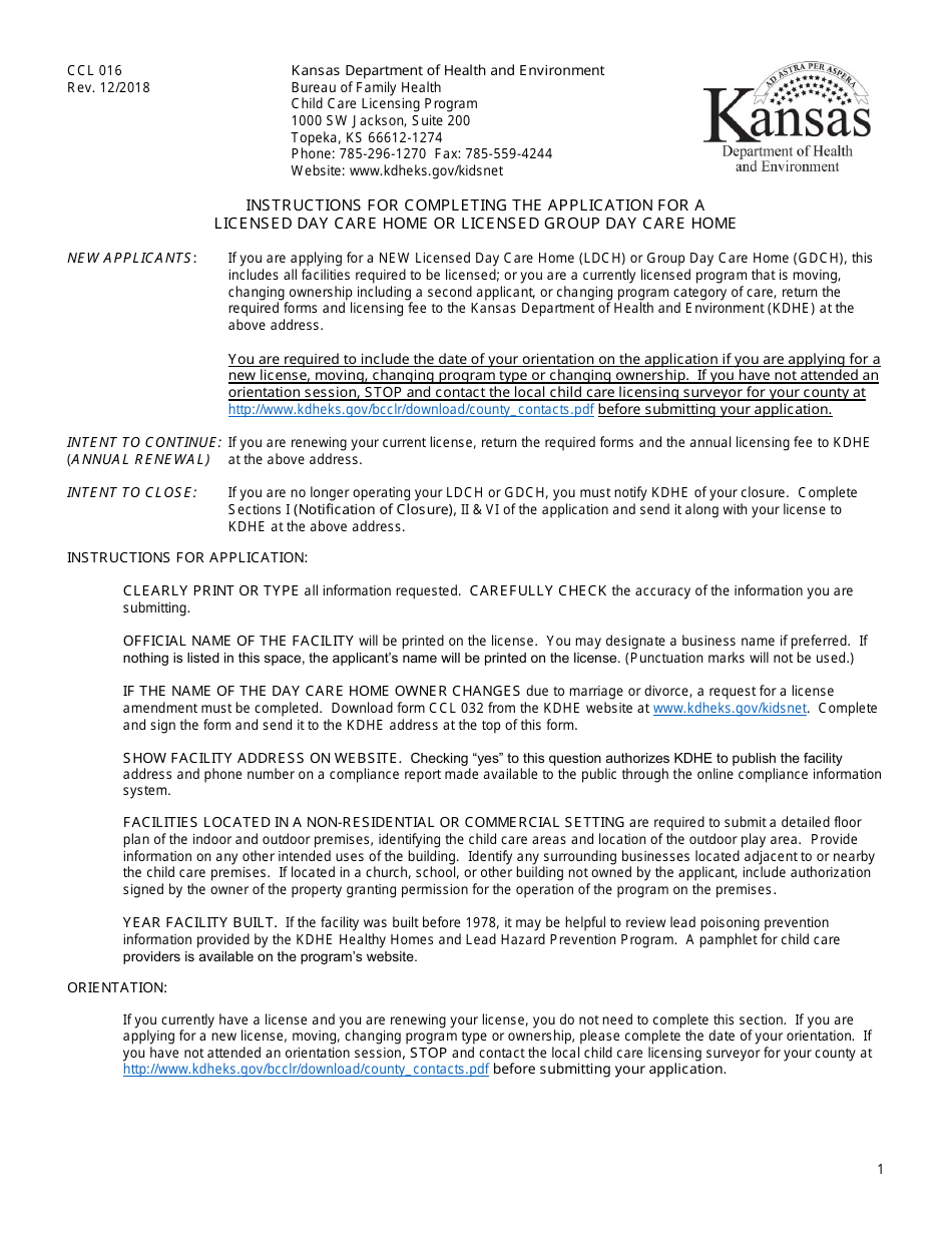 Instructions for Form CCL.201 Application for a Licensed Day Care Home or Licensed Group Day Care Home - Kansas, Page 1