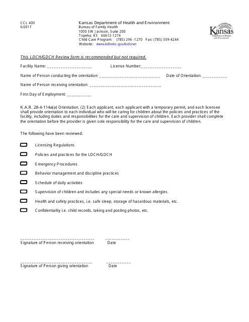 Form CCL400 Orientation Checklist for Ldch/Gdch - Kansas