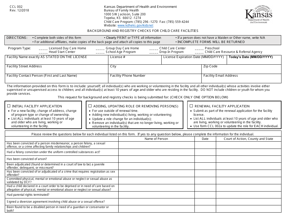Form CCL002 Background and Registry Checks for Child Care Facilities - Kansas, Page 1