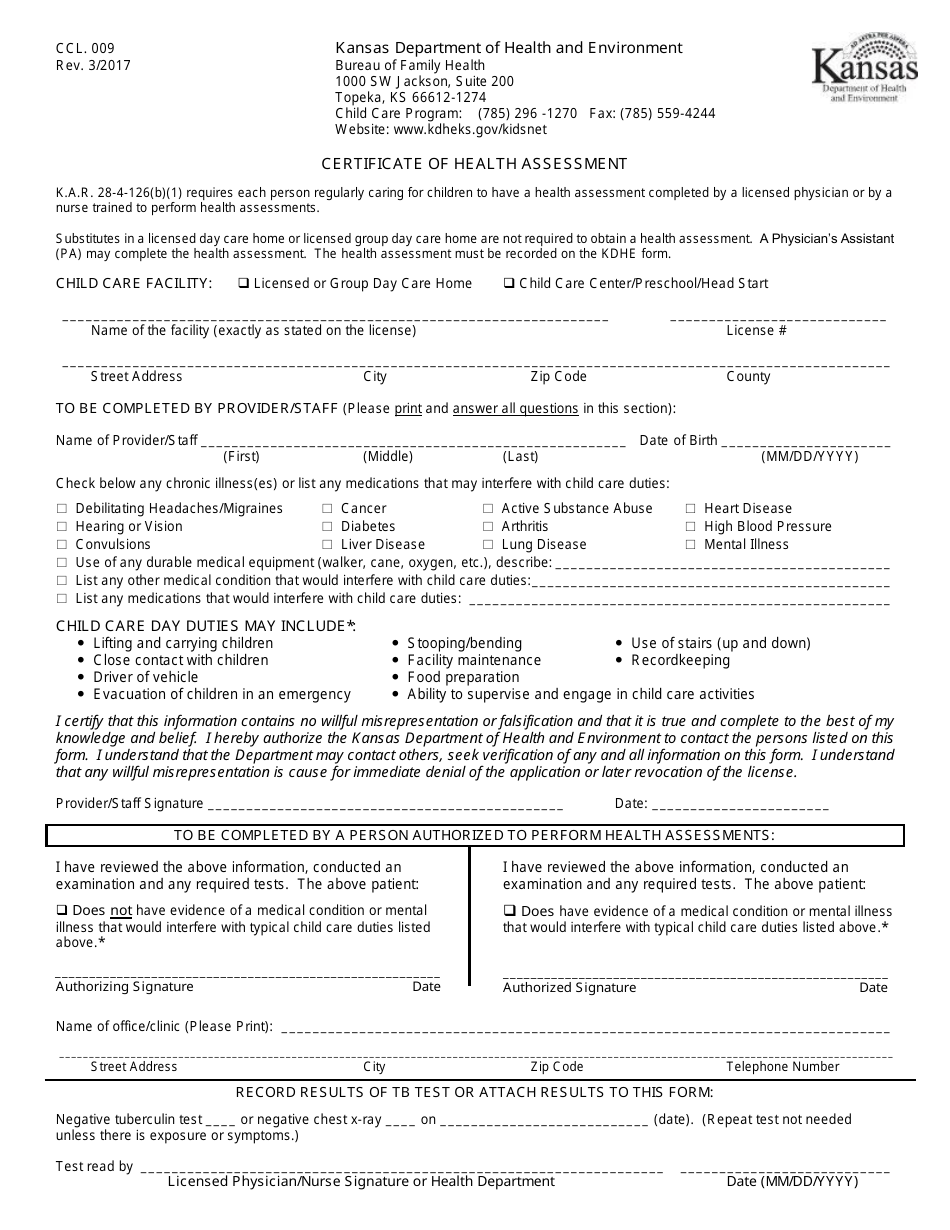 Form CCL.009 Certificate of Health Assessment - Kansas, Page 1