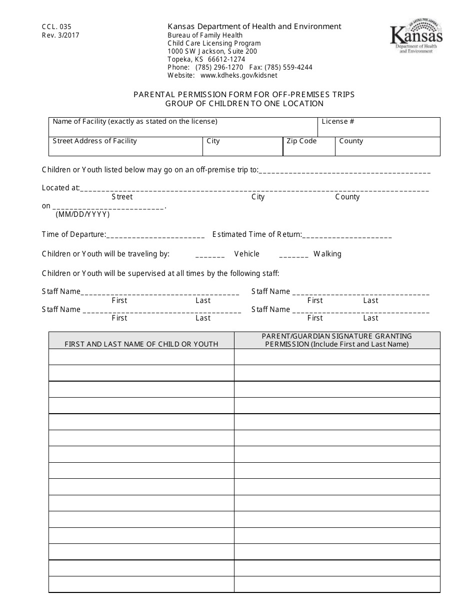 Form CCL.035 Parental Permission Form for off-Premises TRiPS Group of Children to One Location - Kansas, Page 1
