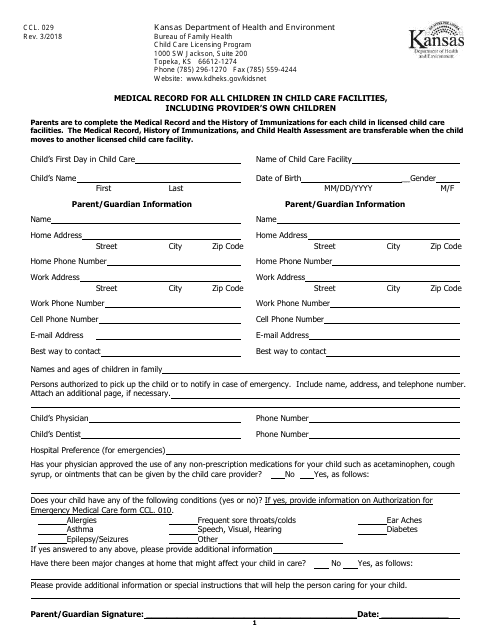 Form CCL.029 Medical Record for All Children in Child Care Facilities, Including Provider's Own Children - Kansas