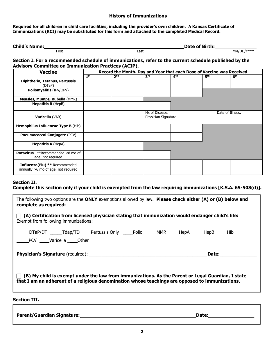 Form CCL.029 Medical Record for All Children in Child Care Facilities, Including Providers Own Children - Kansas, Page 2