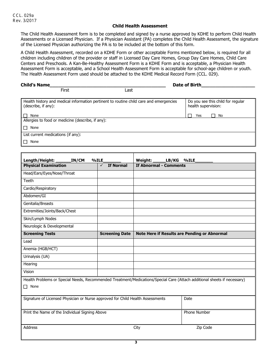 Form CCL.029 Medical Record for All Children in Child Care Facilities, Including Providers Own Children - Kansas, Page 3