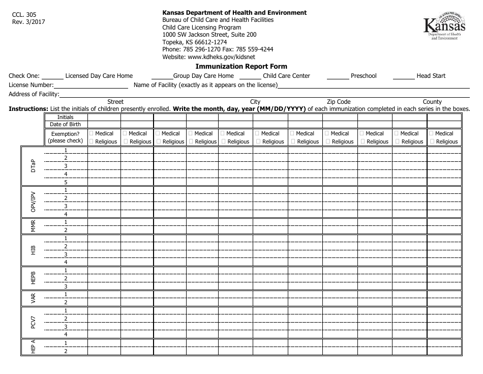 Form CCL.305 Immunization Report Form - Kansas, Page 1