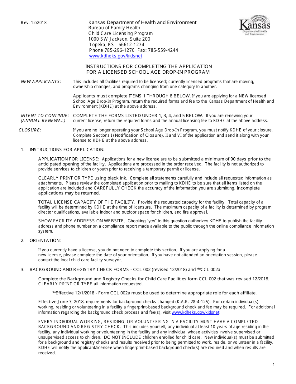 Instructions for Form CCL.801 Application for a School Age Drop-In Program - Kansas, Page 1