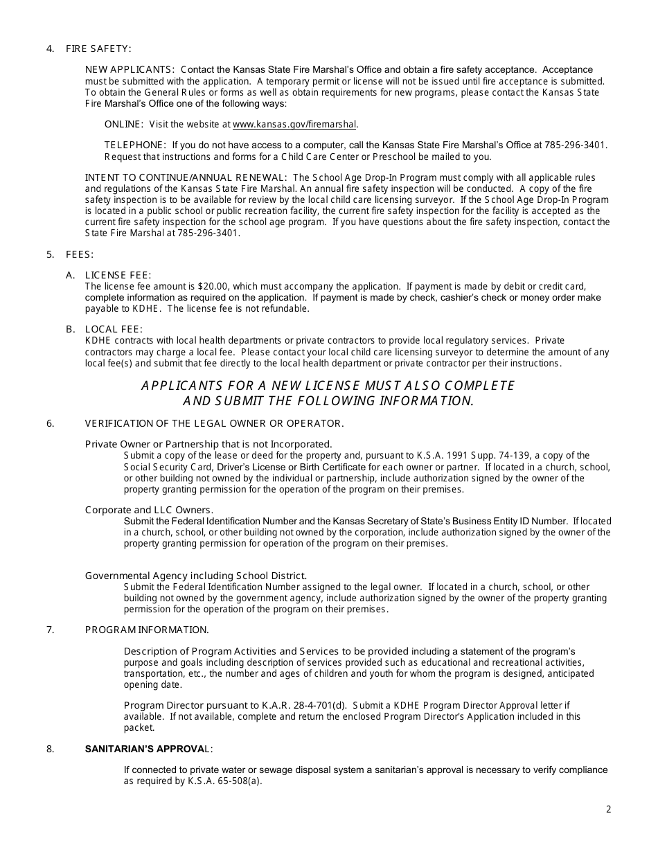Instructions for Form CCL.801 Application for a School Age Drop-In Program - Kansas, Page 2