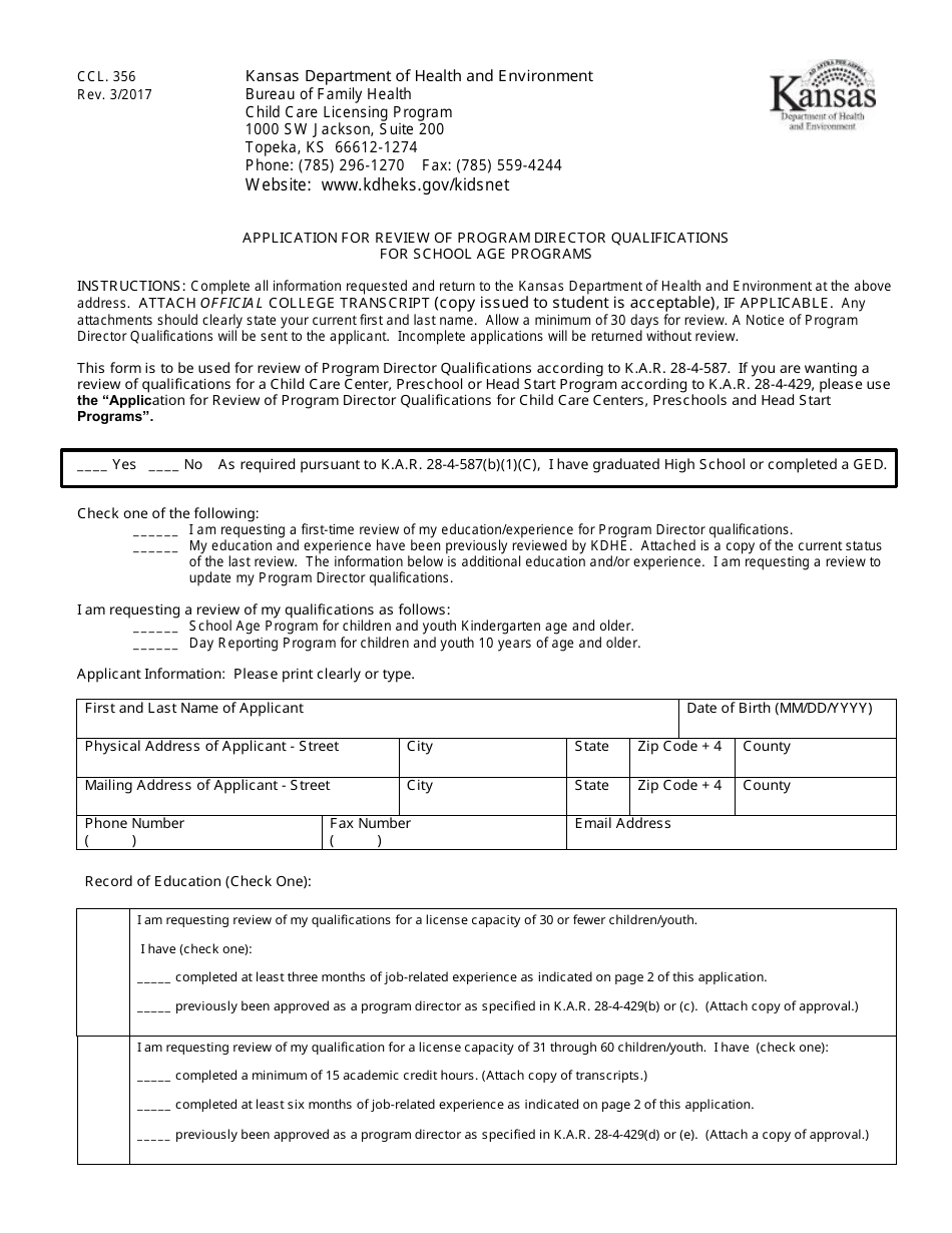 Form CCL.356 Application for Review of Program Director Qualifications for School Age Programs - Kansas, Page 1