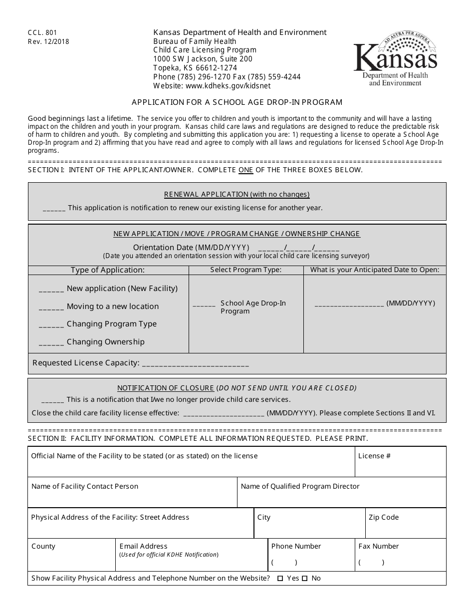 Form CCL.801 Application for a School Age Drop-In Program - Kansas, Page 1