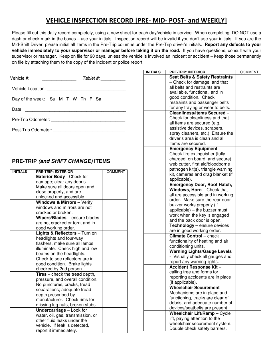 Vehicle Inspection Record Form - Pre- Mid- Post- and Weekly - Kansas, Page 1