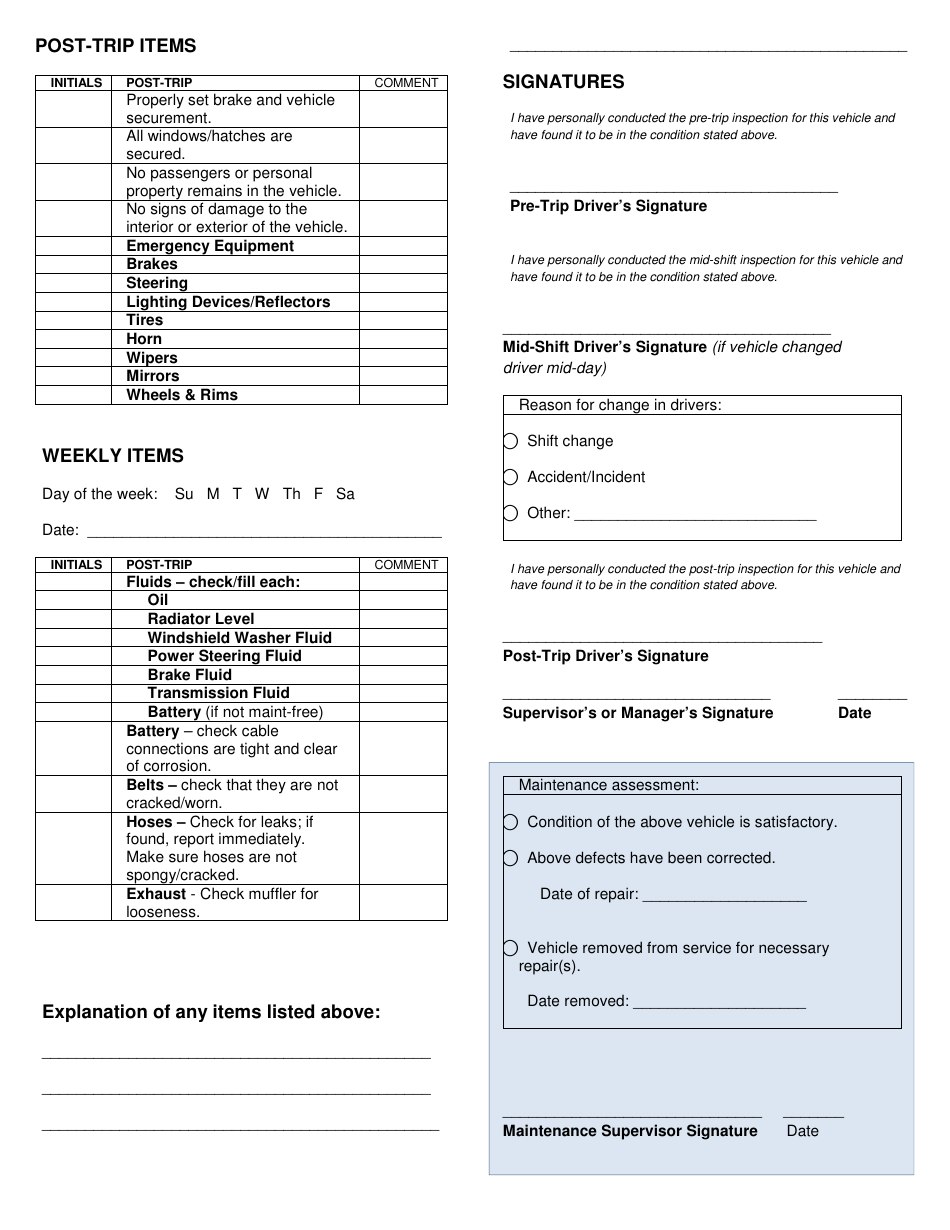 Kansas Vehicle Inspection Record Form Pre Mid Post and Weekly