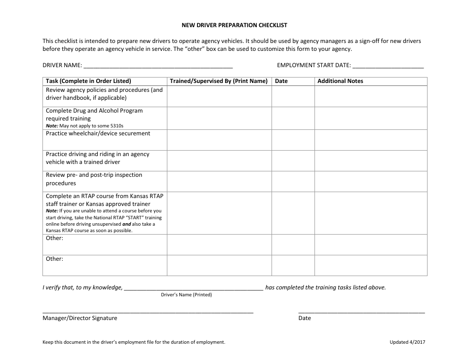 New Driver Preparation Checklist - Kansas, Page 1