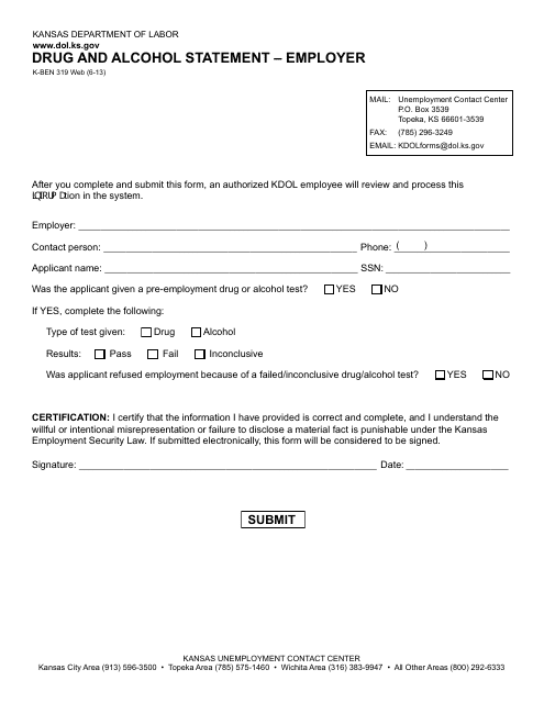 Form K-BEN319 Drug and Alcohol Statement - Employer - Kansas