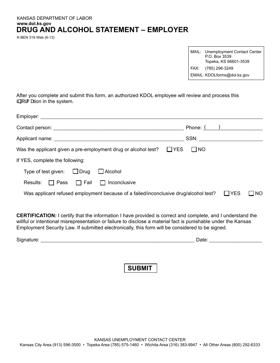 Form K-BEN319 Drug and Alcohol Statement - Employer - Kansas, Page 1