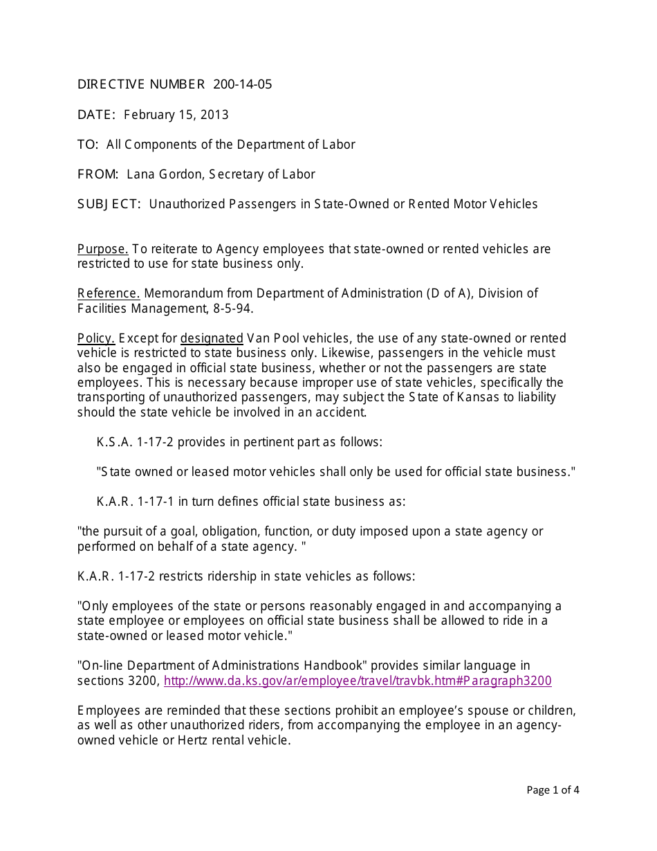 Agreement Between the Kansas Department of Labor and Driver of State Vehicle - Kansas, Page 1