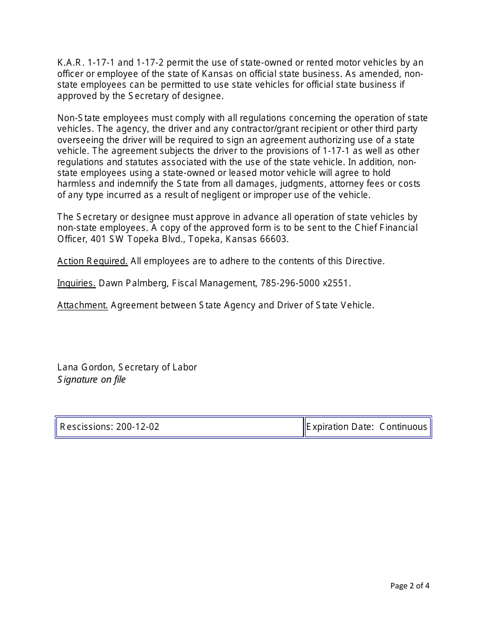 Agreement Between the Kansas Department of Labor and Driver of State Vehicle - Kansas, Page 2
