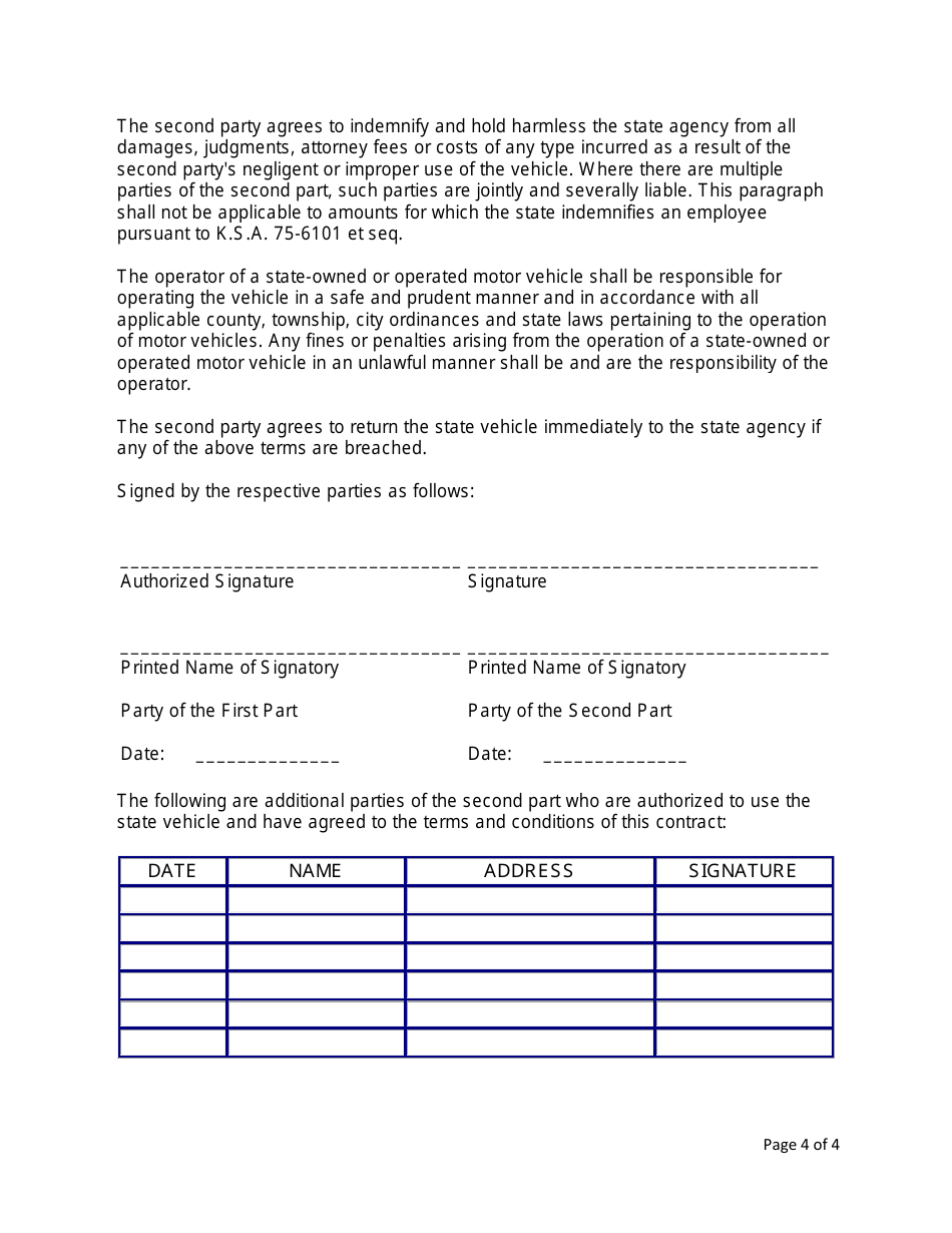 Agreement Between the Kansas Department of Labor and Driver of State Vehicle - Kansas, Page 4