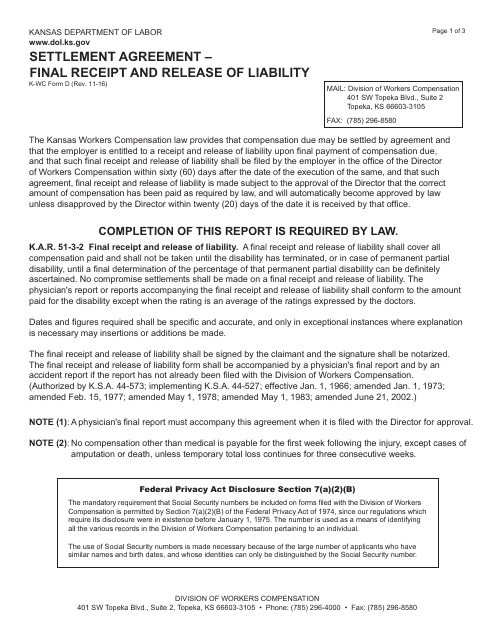 K-WC Form D Settlement Agreement - Final Receipt and Release of Liability - Kansas