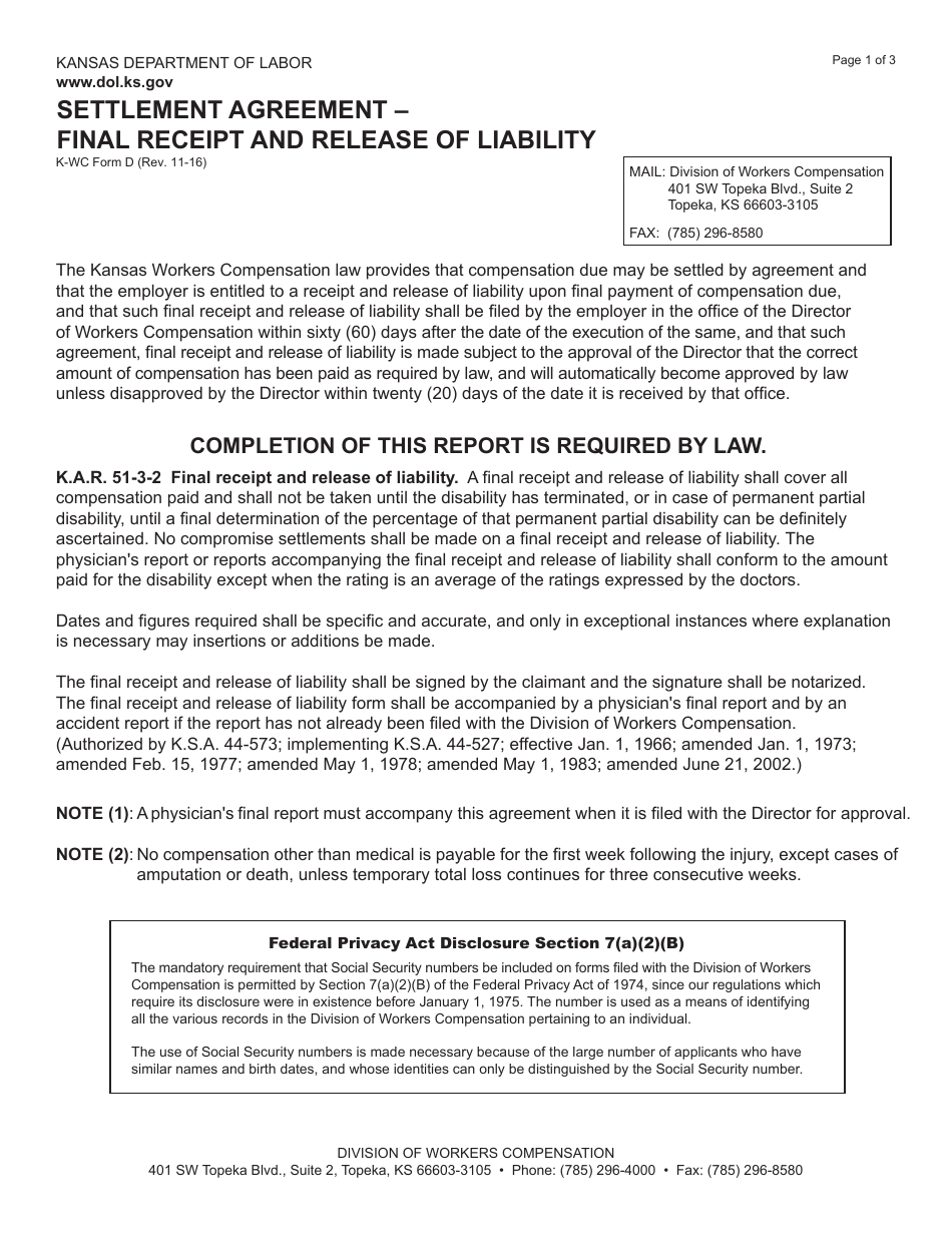 K-WC Form D Settlement Agreement - Final Receipt and Release of Liability - Kansas, Page 1