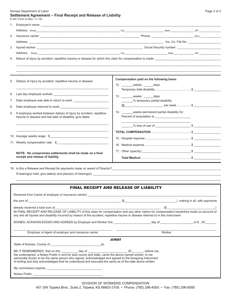 K-WC Form D Settlement Agreement - Final Receipt and Release of Liability - Kansas, Page 2