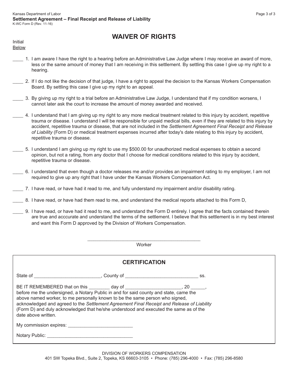 K-WC Form D Settlement Agreement - Final Receipt and Release of Liability - Kansas, Page 3