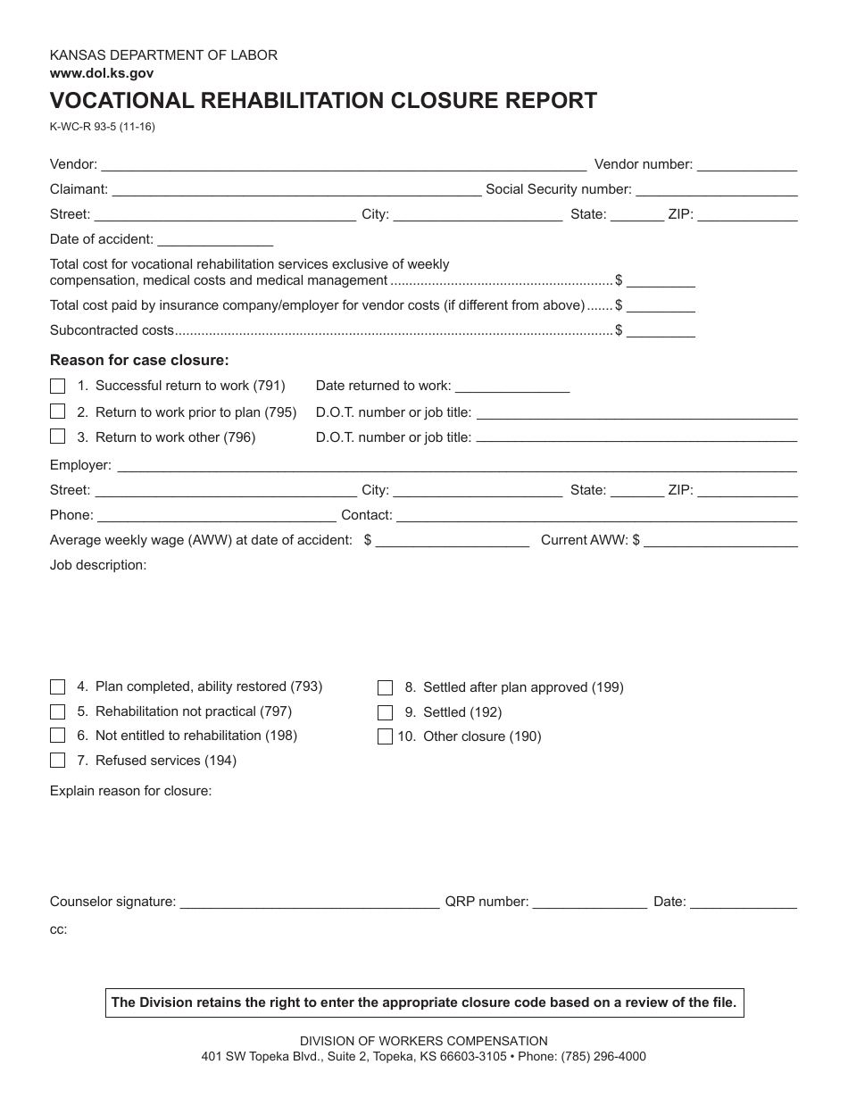 Form K-WC-R93-5 Vocational Rehabilitation Closure Report - Kansas, Page 1