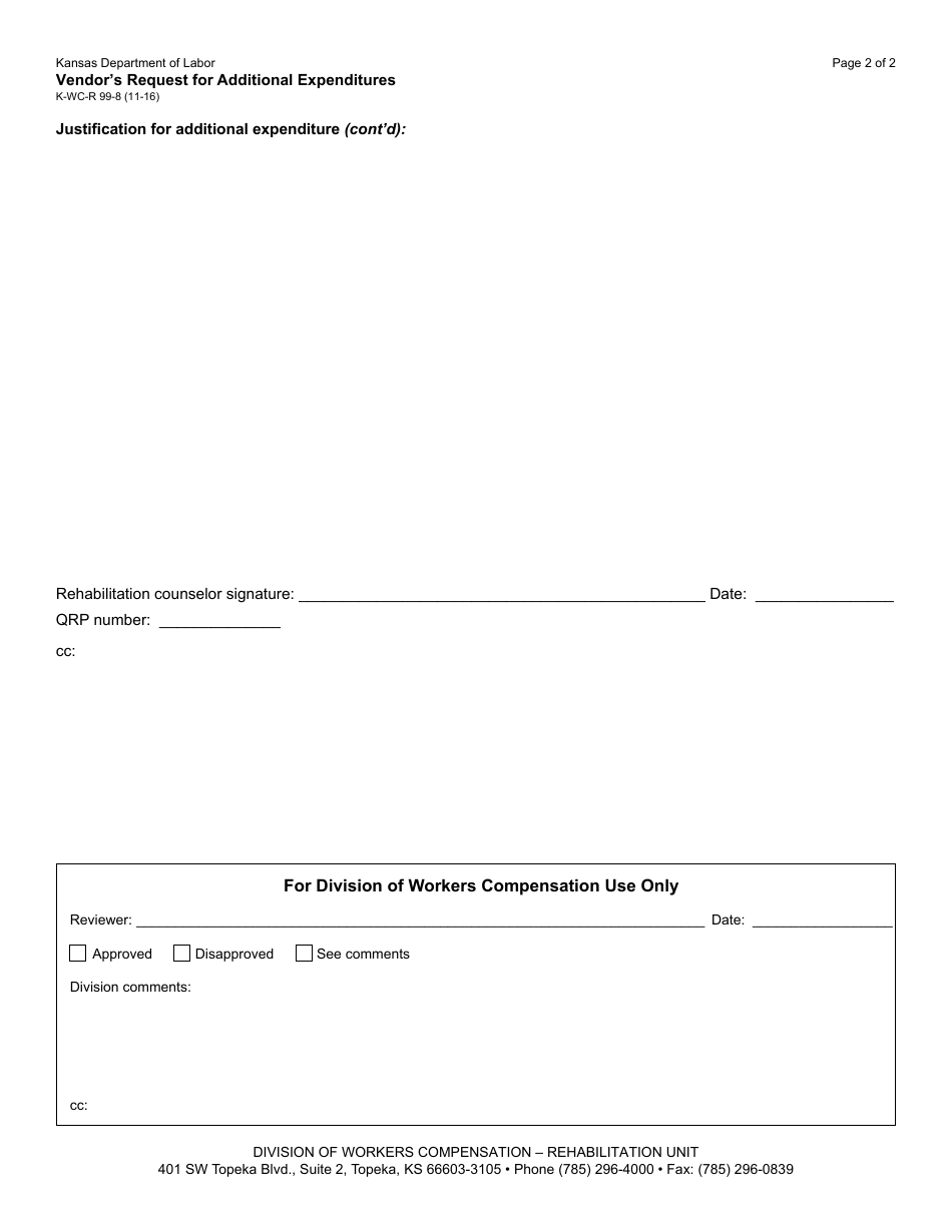 Form K-WC-R99-8 Vendors Request for Additional Expenditures - Kansas, Page 2