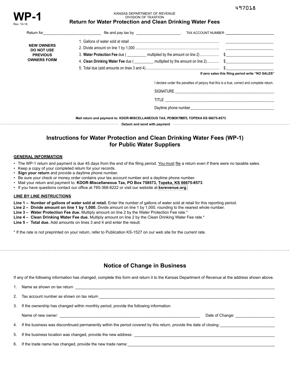 Form WP-1 Return for Water Protection and Clean Drinking Water Fees - Kansas, Page 1