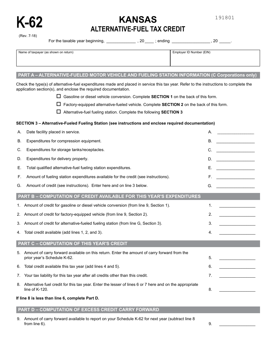 Form K-62 Alternative-Fuel Tax Credit - Kansas, Page 1