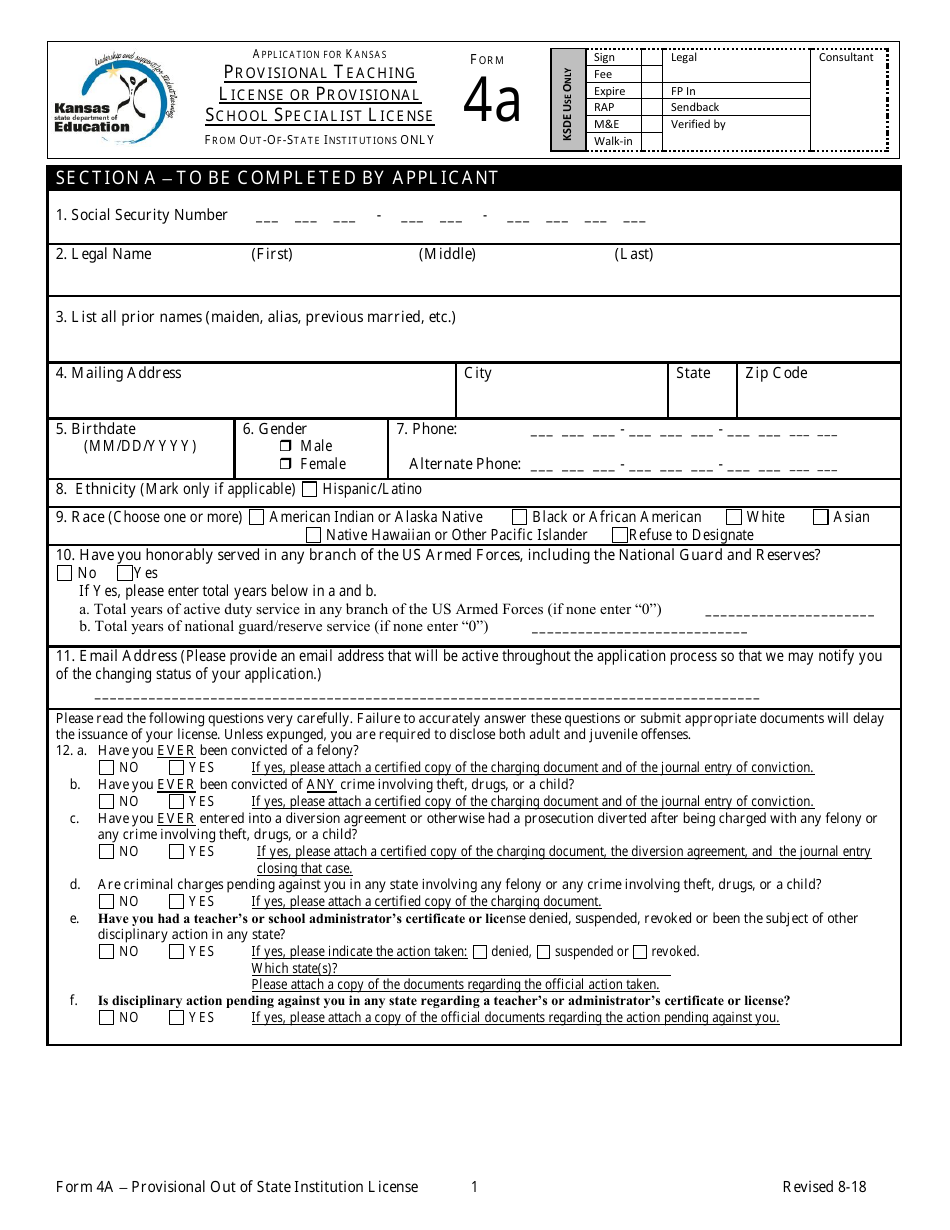 Form 4A Out-of-State Provisional Application - Kansas, Page 1