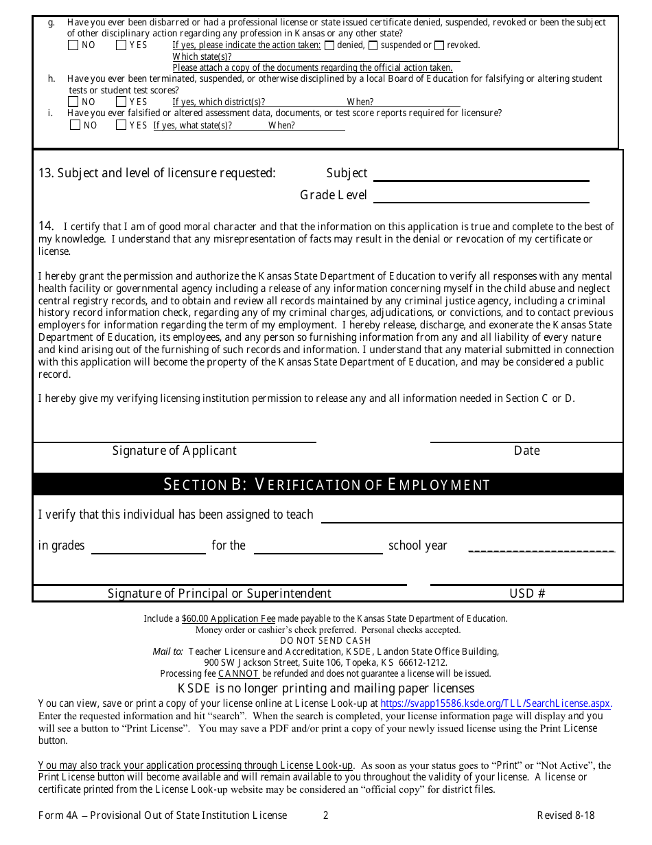 Form 4A Out-of-State Provisional Application - Kansas, Page 2