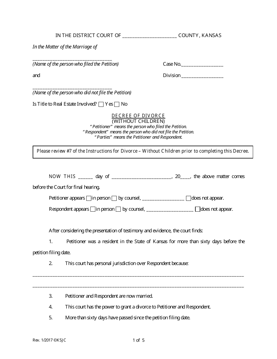 Kansas Decree of Divorce (Without Children) Download Fillable PDF