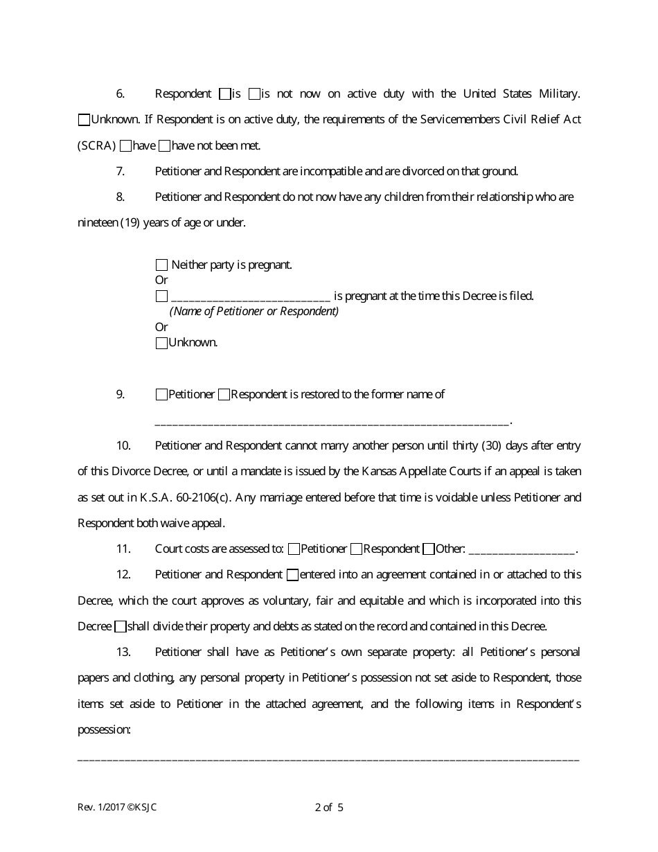 Decree of Divorce (Without Children) - Kansas, Page 2
