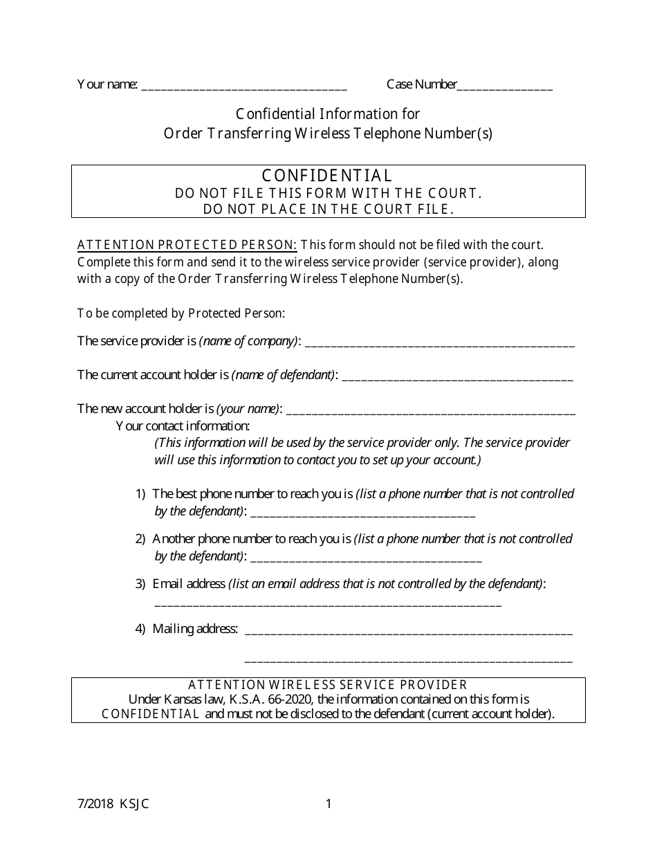 Confidential Information for Order Transferring Wireless Telephone Number(S) - Kansas, Page 1