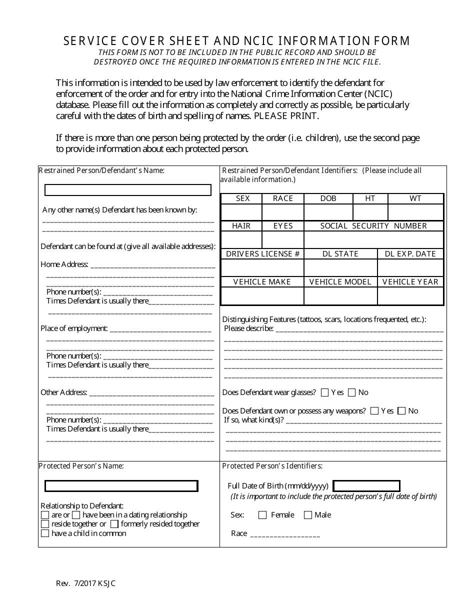 Service Cover Sheet and Ncic Information Form - Kansas, Page 1