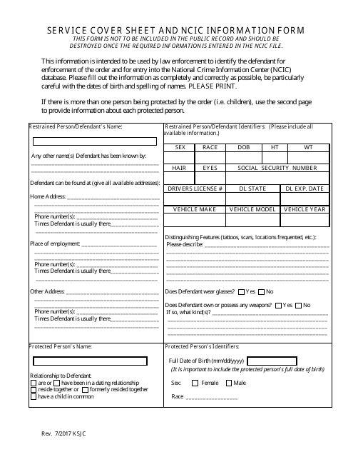 Service Cover Sheet and Ncic Information Form - Kansas Download Pdf