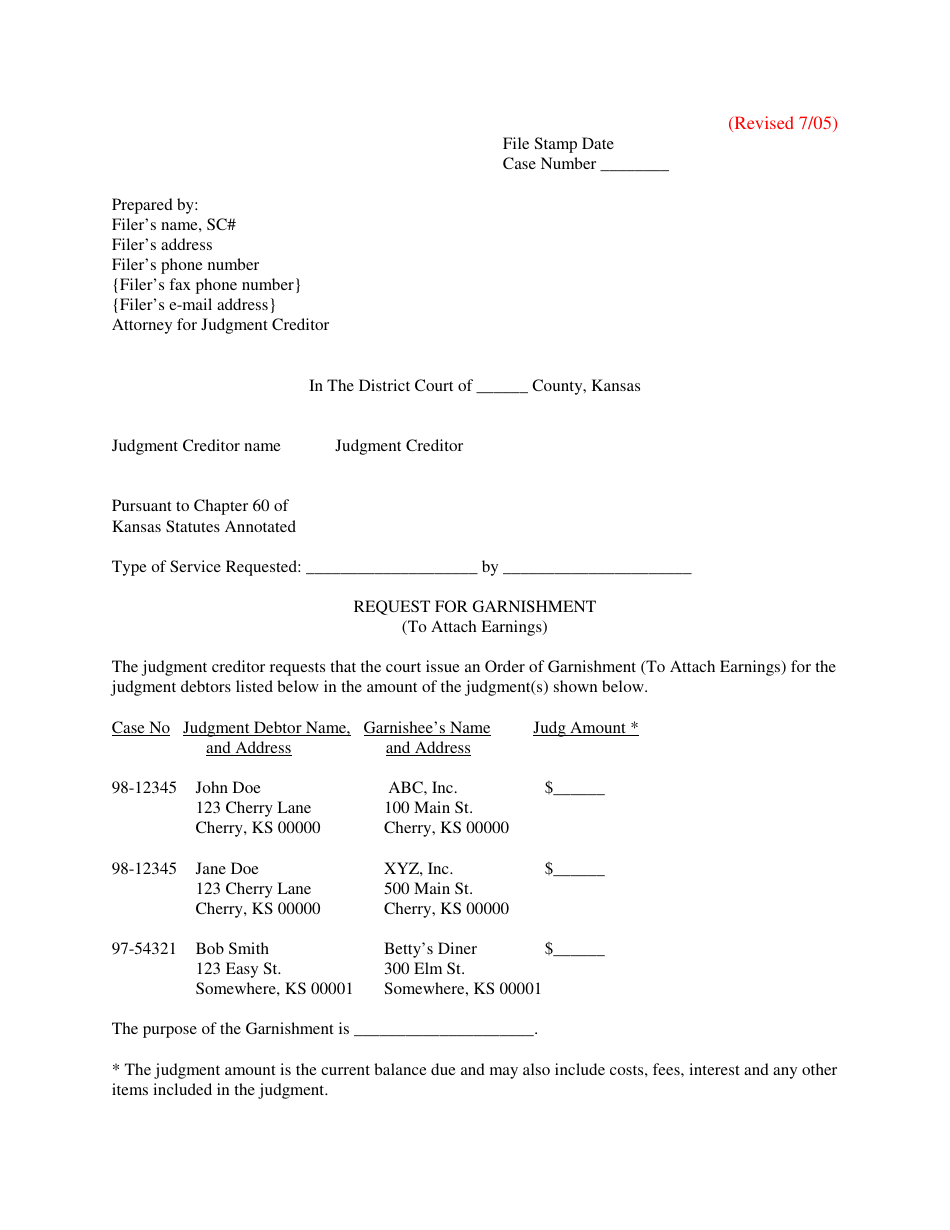 Request for Garnishment (To Attach Earnings) - Kansas, Page 1