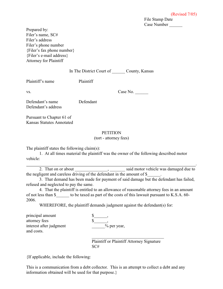 Petition (Tort - Attorney Fees) - Kansas, Page 1