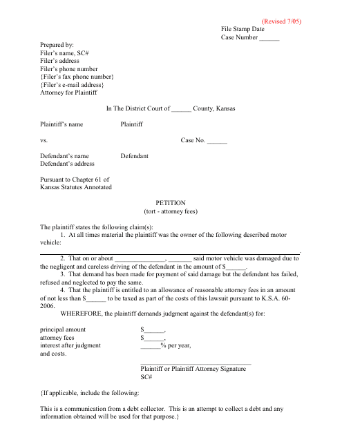 Petition (Tort - Attorney Fees) - Kansas Download Pdf