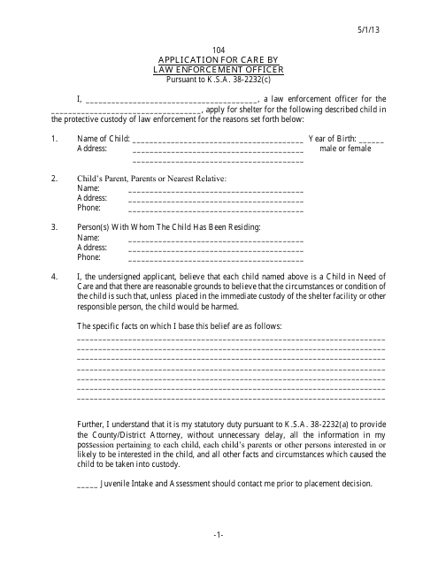 Form 104 Application for Care by Law Enforcement Officer - Kansas