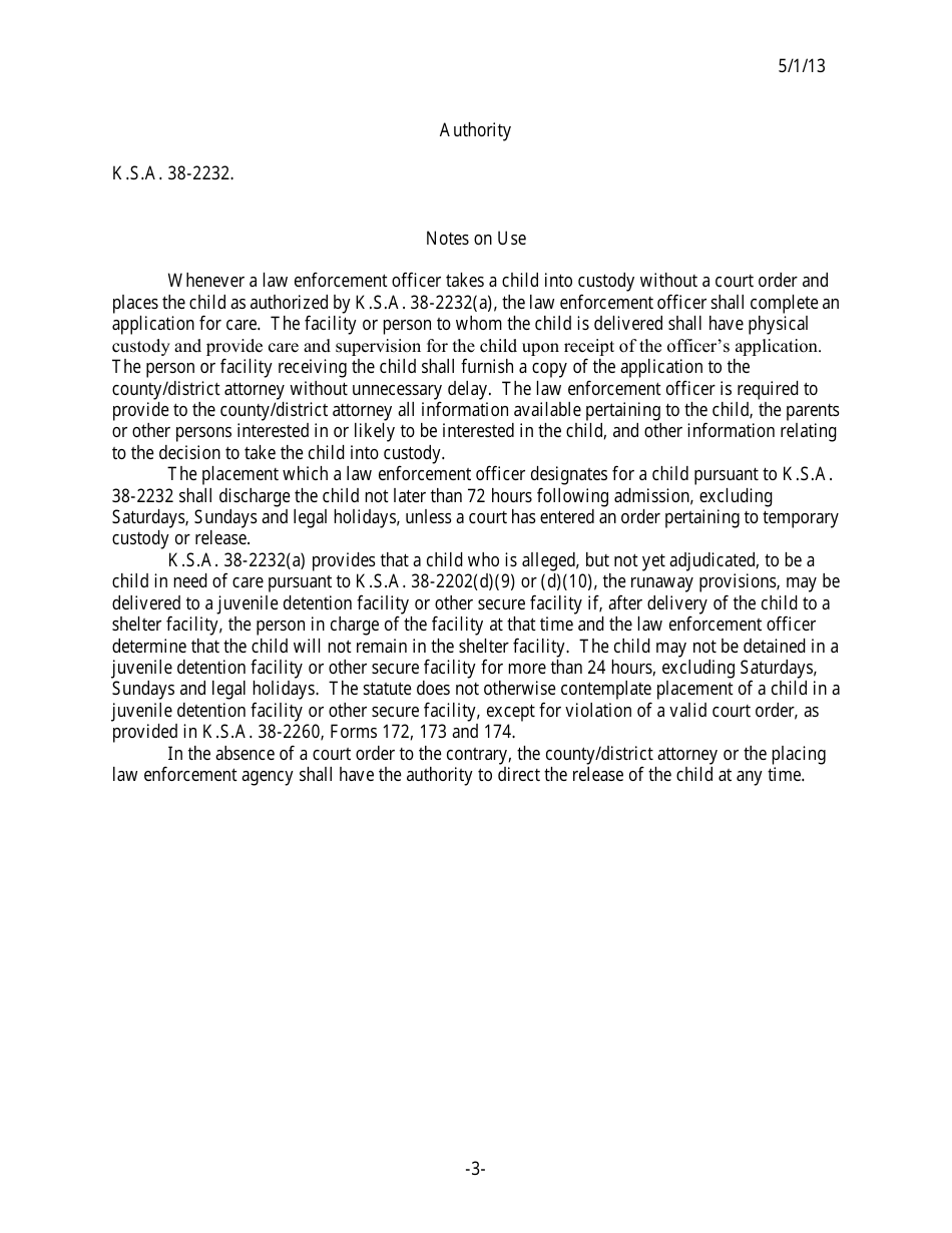 Form 104 Application for Care by Law Enforcement Officer - Kansas, Page 3