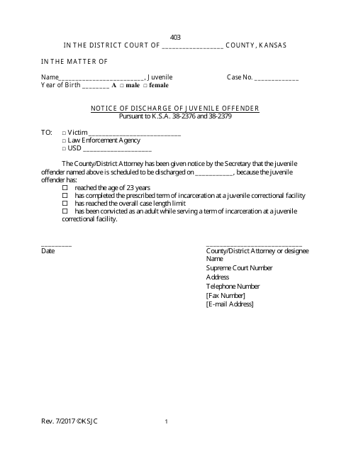 Form 403 Notice of Discharge of Juvenile Offender - Kansas