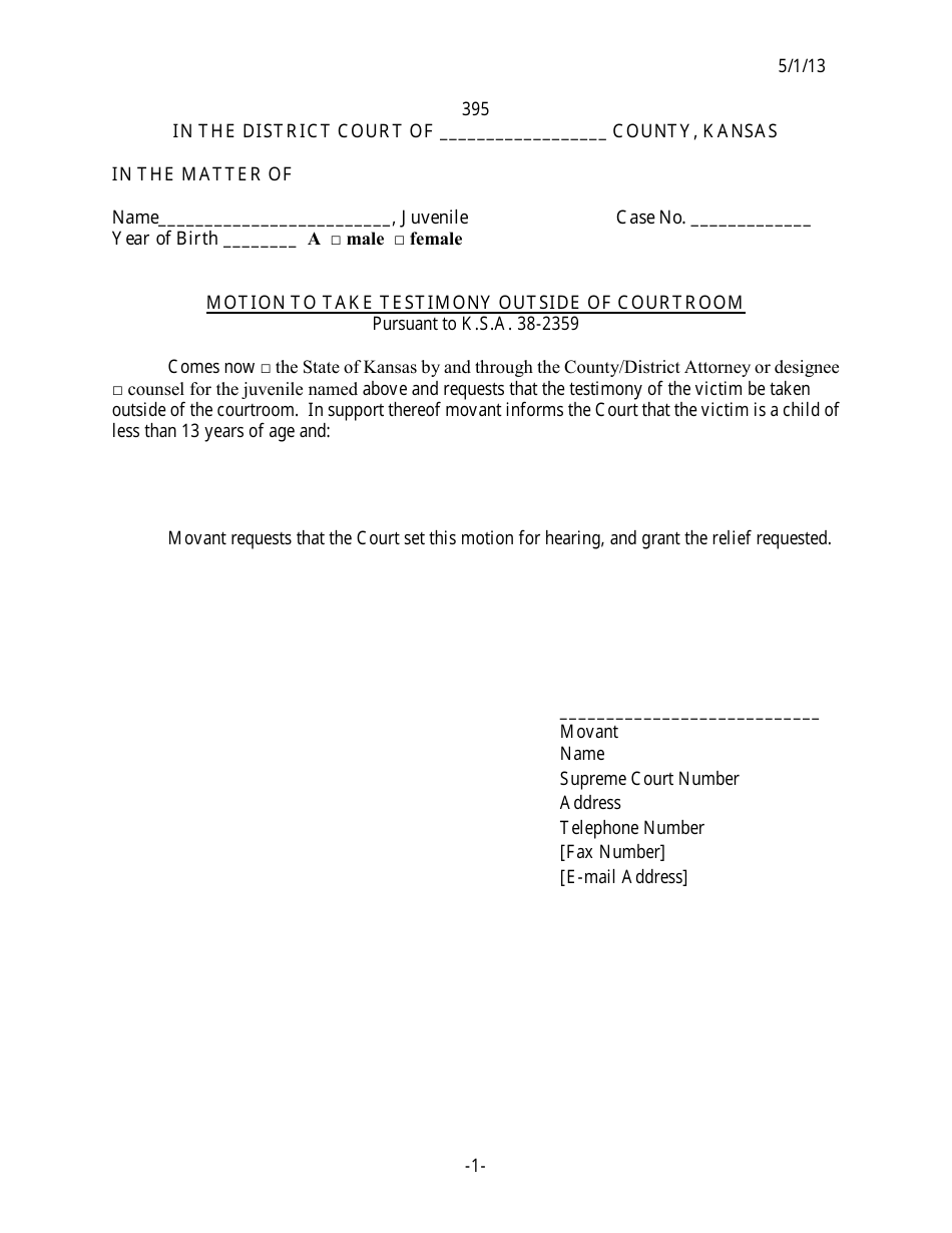 Form 395 Motion to Take Testimony Outside of Courtroom - Kansas, Page 1