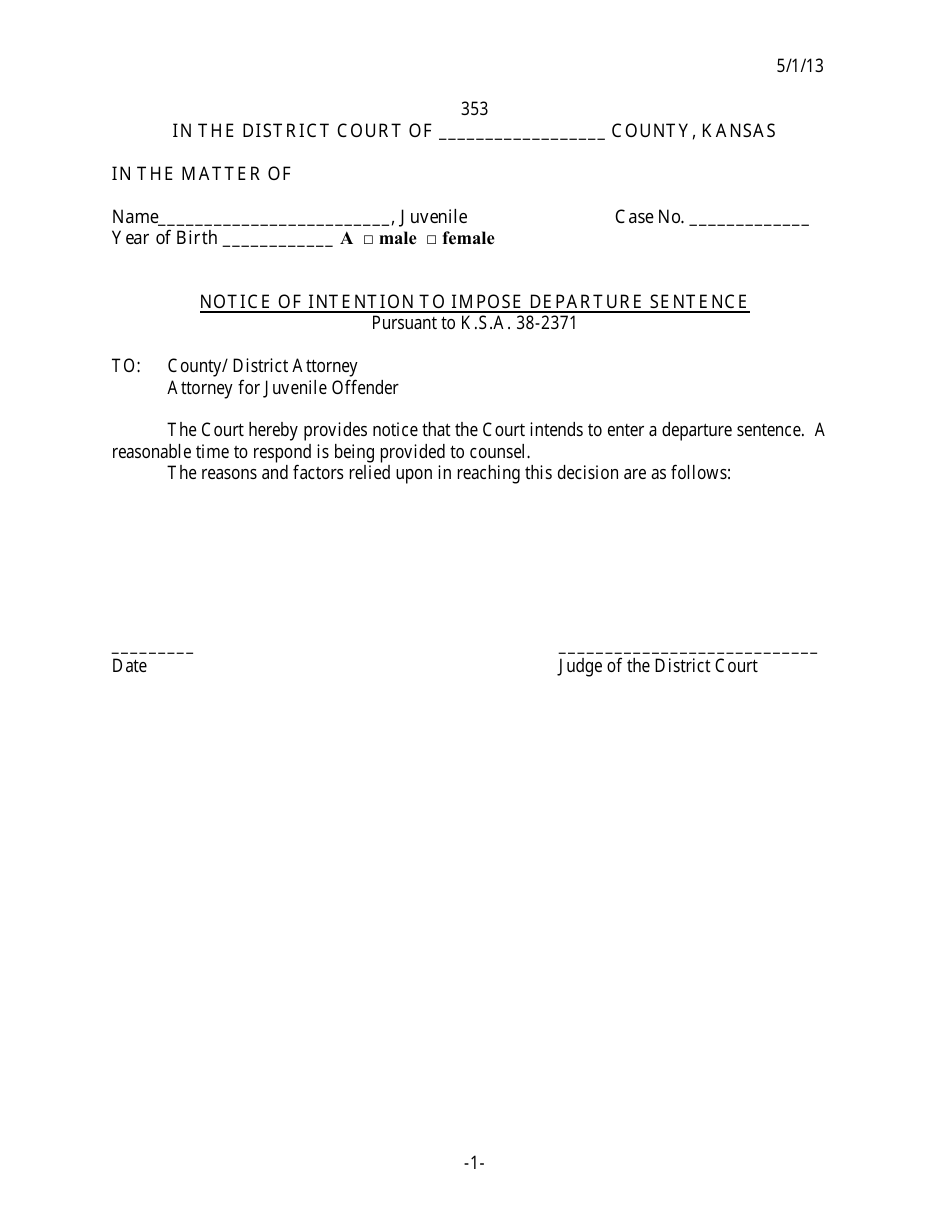 Form 353 Notice of Intention to Impose Departure Sentence - Kansas, Page 1